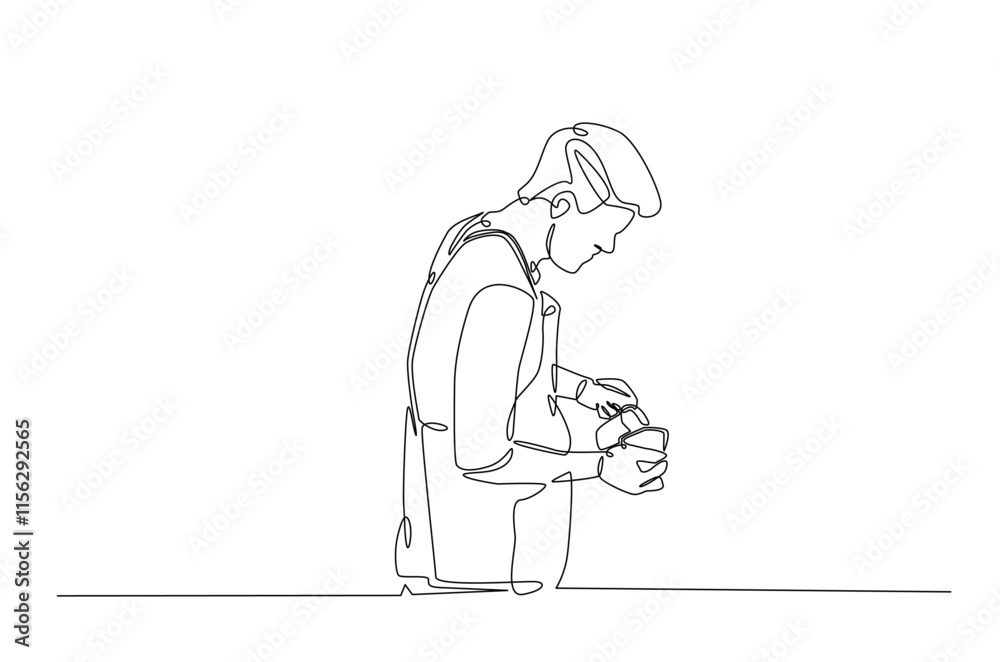 Barista making coffee continuous one line drawing. Barista preparing cofffee in single line art illustration. Editable vector. Barista making coffee continuous one line drawing. Barista preparing cofffee in single line art illustration. Editable vector.