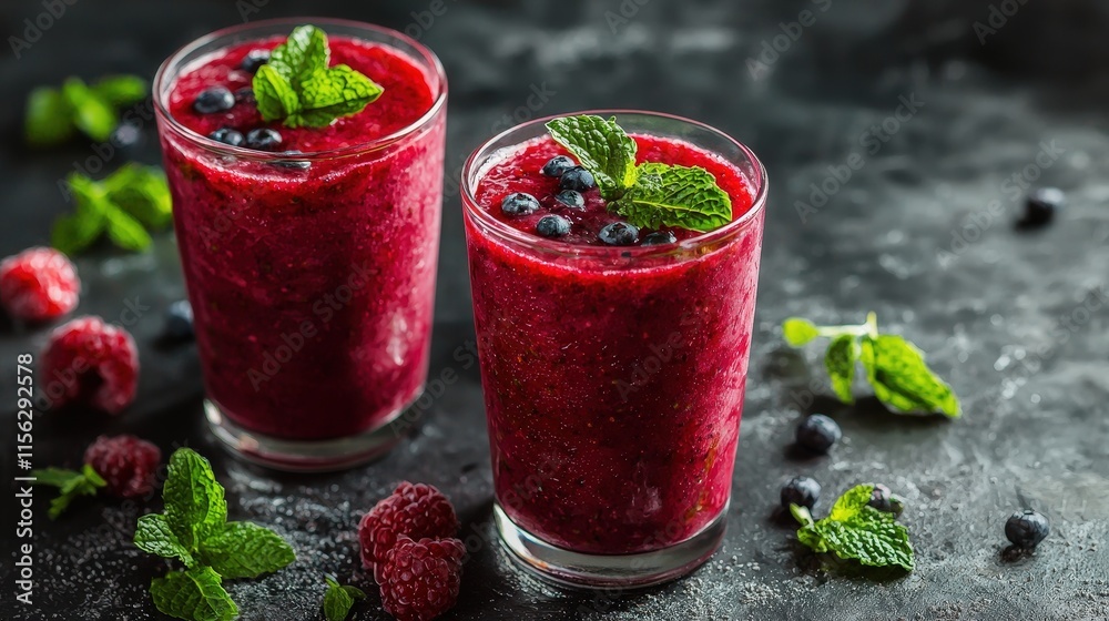 Refreshing Berry Smoothies with Mint and Blueberries Displayed in Clear Glasses on Rustic Wooden Table Evoking a Vibrant and Healthy Lifestyle Refreshing Berry Smoothies with Mint and Blueberries Displayed in Clear Glasses on Rustic Wooden Table Evoking a Vibrant and Healthy Lifestyle