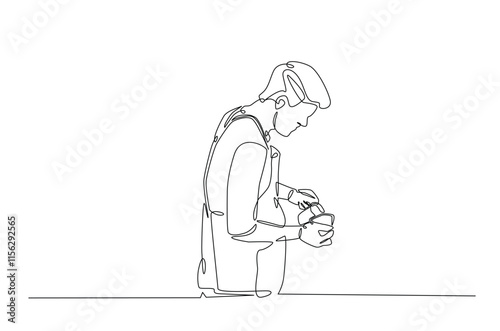 Barista making coffee continuous one line drawing. Barista preparing cofffee in single line art illustration. Editable vector.