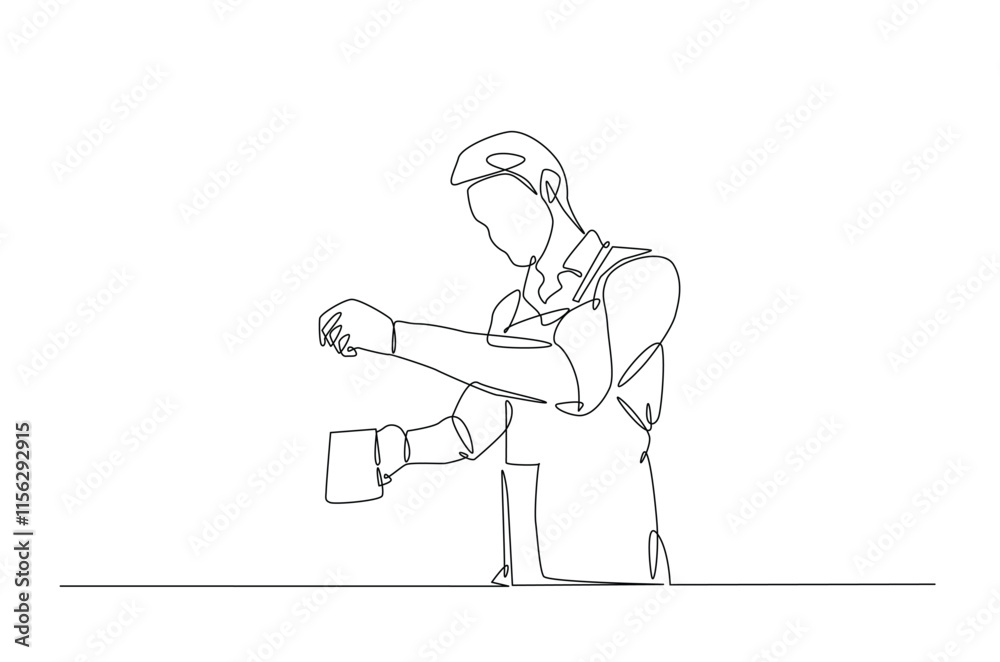 Barista making coffee continuous one line drawing. Barista preparing cofffee in single line art illustration. Editable vector. Barista making coffee continuous one line drawing. Barista preparing cofffee in single line art illustration. Editable vector.