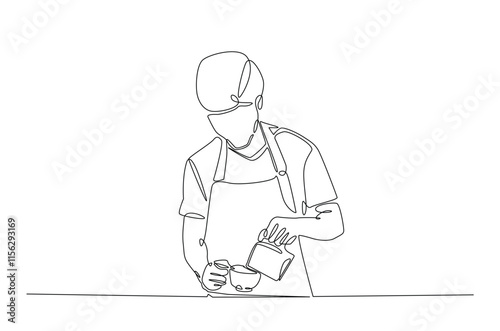 Barista making coffee continuous one line drawing. Barista preparing cofffee in single line art illustration. Editable vector.