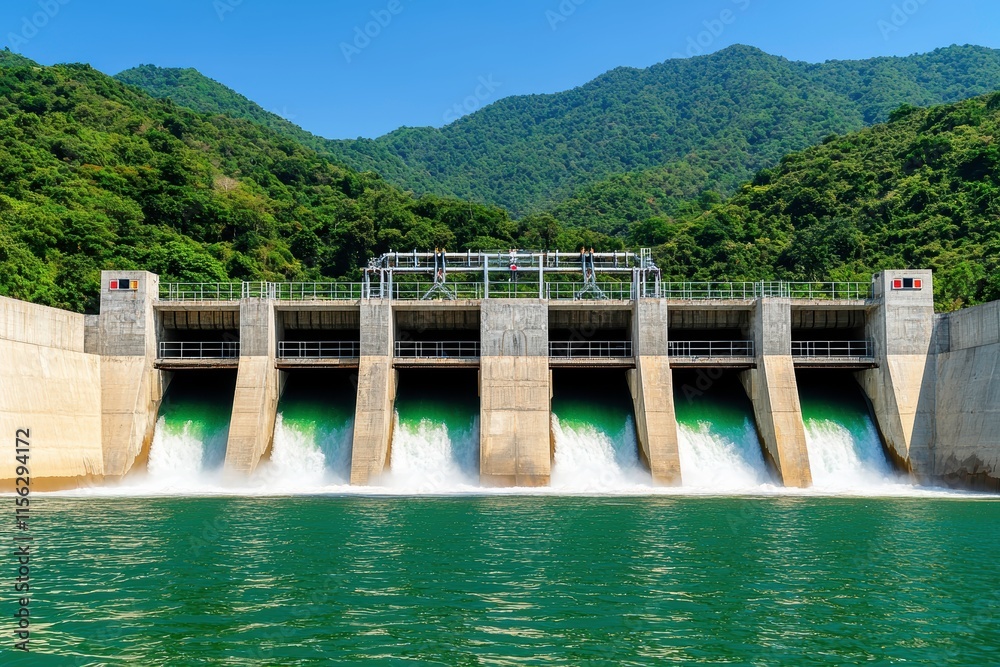 Hydroelectric dam with flowing water set against lush green mountains and a clear sky. Hydroelectric dam with flowing water set against lush green mountains and a clear sky.