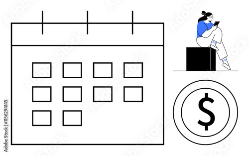 Businesswoman using digital tablet while sitting next to financial calendar and dollar sign icon. Ideal for financial planning, business strategy, time management, productivity, work-life balance