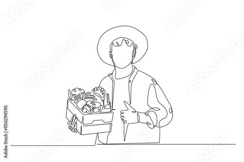 Farmer with vegetables continuous one line drawing. Farmer holding box with full of vegetables in single line art illustration. Editable vector.