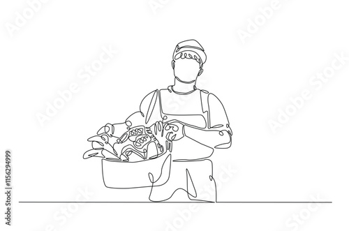 Farmer with vegetables continuous one line drawing. Farmer holding box with full of vegetables in single line art illustration. Editable vector.