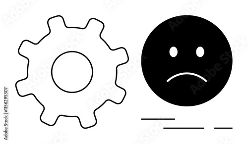 Gear symbol next to sad face emoticon. Ideal for technical issues, user frustration, malfunction, customer dissatisfaction, troubleshooting, service complaints, and workflow inefficiency. Banner