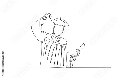 Graduate students wearing cap and gown continuous one line drawing. Graduation concept in single line art illustration. Editable vector.