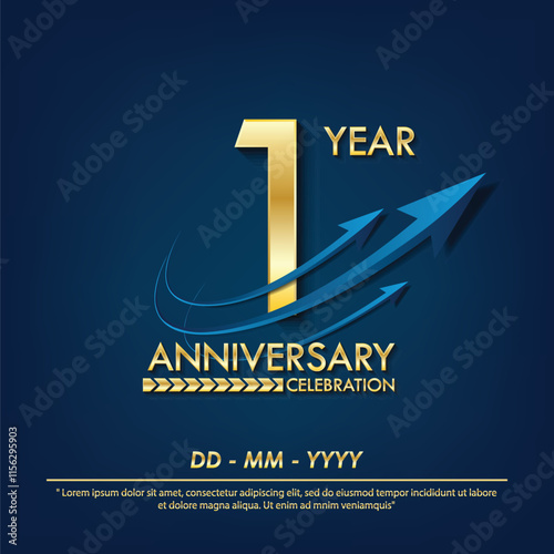 1st year anniversary celebration emblem. elegance golden anniversary logo isolated with blue arrow ribbons on blue background. vector illustration template design