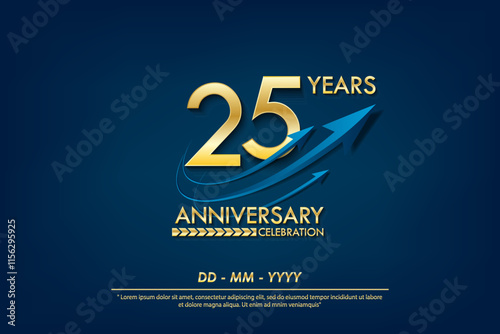 25th years anniversary celebration emblem. elegance golden anniversary logo isolated with blue arrow ribbons on blue background. vector illustration template design