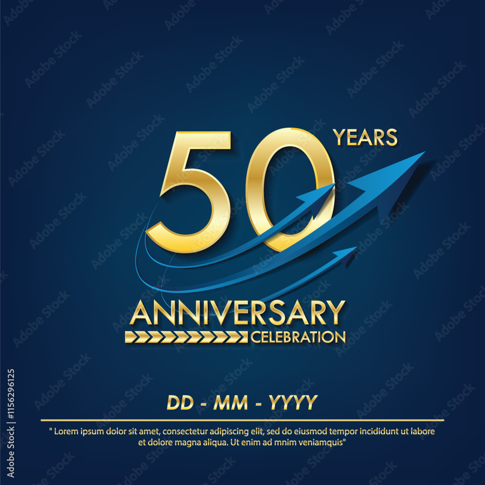 Fototapeta premium 50th years anniversary celebration emblem. elegance golden anniversary logo isolated with blue arrow ribbons on blue background. vector illustration template design