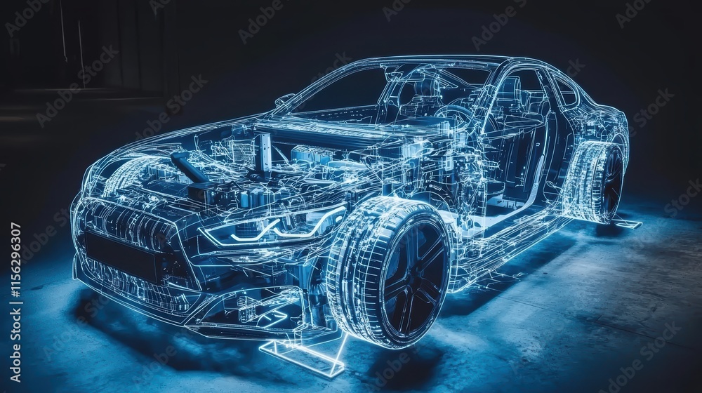 Naklejka premium Futuristic Transparent Car Model with Digital Light Effects