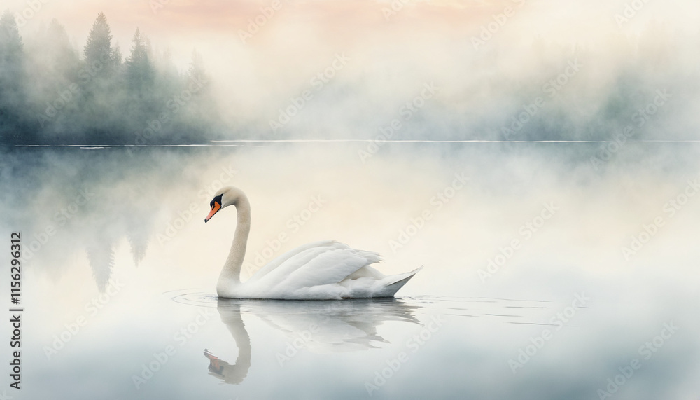 Obraz premium Elegant swan gliding, misty lake setting, serene reflection, tranquil wildlife scene
