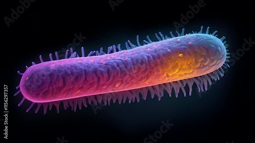 one bacteria of Mycoplasma pheumonia on black background,macro.Neon art. photo