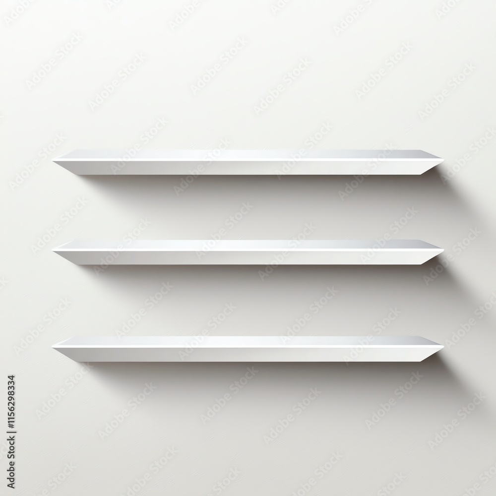 A minimalistic design featuring three sleek white shelves against a light wall, ideal for displaying decor or storage. A minimalistic design featuring three sleek white shelves against a light wall, ideal for displaying decor or storage.