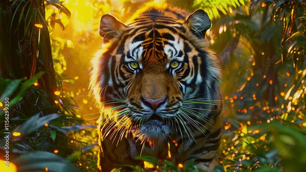 Beautiful majestic tiger in the jungle in the sunset light