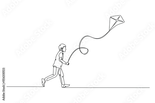 A boy playing kite continuous one line drawing. Kid running and playing kite in single line art illustration. Editable vector.