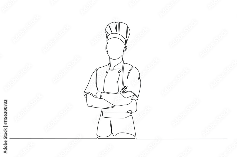Professional chef continuous one line drawing. Chef wearing uniform and chef hat in single line art illustration. Editable vector. Professional chef continuous one line drawing. Chef wearing uniform and chef hat in single line art illustration. Editable vector.