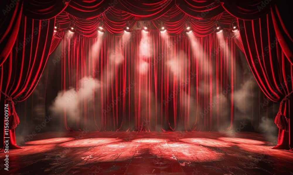 A red curtain with lights shining on it, creating a dramatic and theatrical atmosphere. The curtain is wide open, revealing a stage with a red floor.