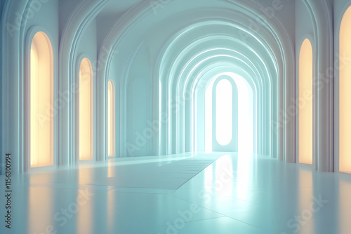 Serene architectural hallway with soft light illuminating arched doorways and a bright exit at the end; perfect for minimalist design or spiritual concepts. photo