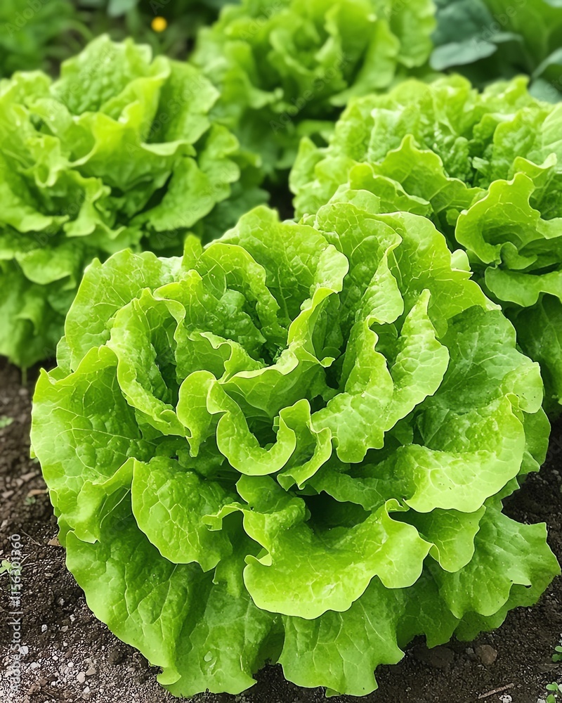 A beautiful scene of rows of fresh green lettuce plants with curly iceberg leaves growing in an organic farm, perfect for showcasing natural and healthy vegetable gardens A beautiful scene of rows of fresh green lettuce plants with curly iceberg leaves growing in an organic farm, perfect for showcasing natural and healthy vegetable gardens