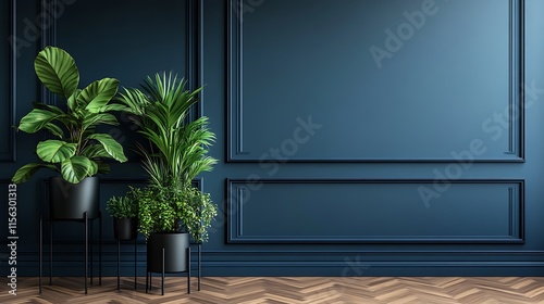 modern interior photograph featuring a minimalist style includes a dark blue paneled wall as the backdrop and three potted plants of varying heights, each placed in sleek black planters in foreground