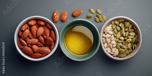 A visually appealing arrangement of almonds, pumpkin seeds, and olive oil in bowls, showcasing healthy snacks and ingredients.