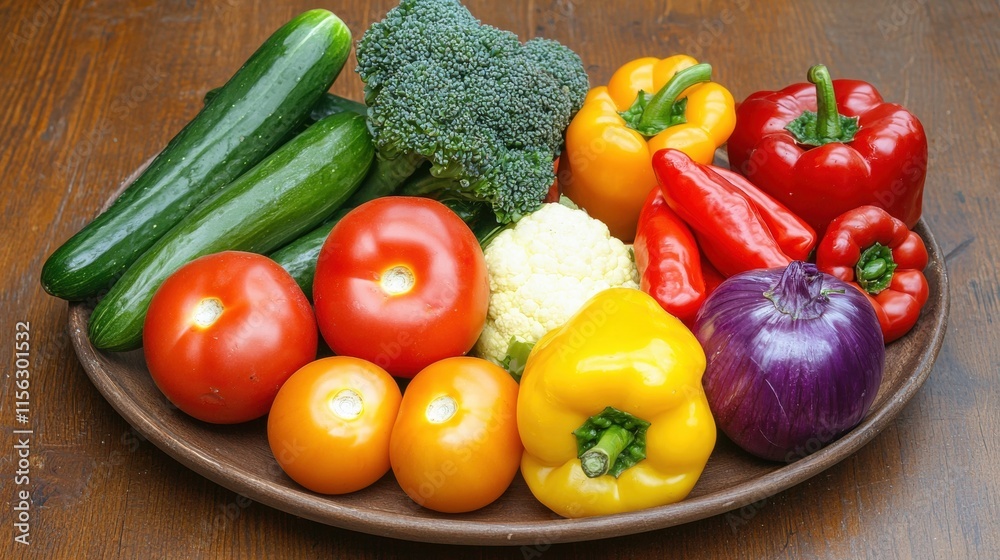 A vibrant assortment of fresh vegetables arranged on a brown plate, including cucumbers, peppers, tomatoes, and broccoli, showcasing a colorful, healthy spread. A vibrant assortment of fresh vegetables arranged on a brown plate, including cucumbers, peppers, tomatoes, and broccoli, showcasing a colorful, healthy spread.