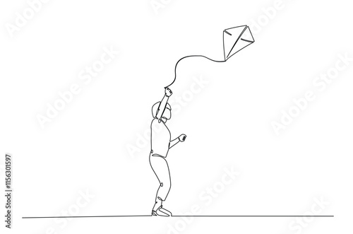 A boy playing kite continuous one line drawing. Kid running and playing kite in single line art illustration. Editable vector.