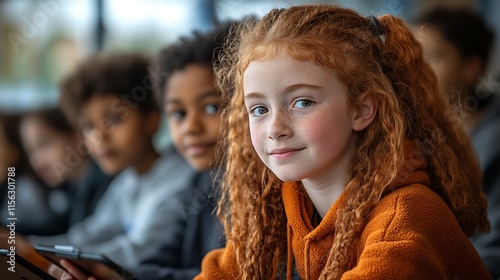 Red haired girl smiles amongst diverse classmates