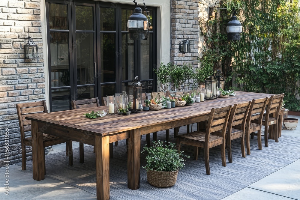 Rectangular Wooden Outdoor Dining Table with Umbrella Hole, Expandable Design, Dark Brown Finish, Patio Setup with Candles and Lanterns Rectangular Wooden Outdoor Dining Table with Umbrella Hole, Expandable Design, Dark Brown Finish, Patio Setup with Candles and Lanterns