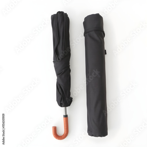 A foldable travel umbrella with a sturdy frame, rubber handle, and protective case, on a white background