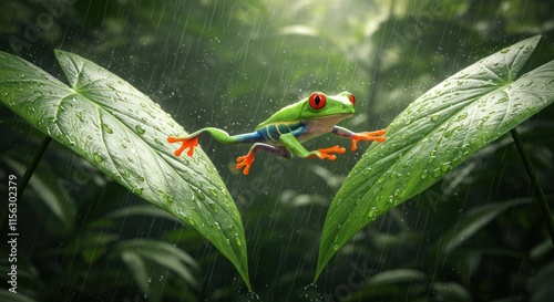 Red Eyed Tree Frog Leaping Through Rainforest Rain