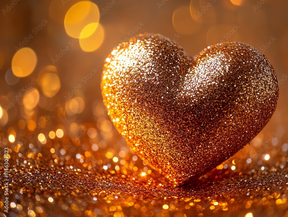 A golden glitter heart on a sparkling background.