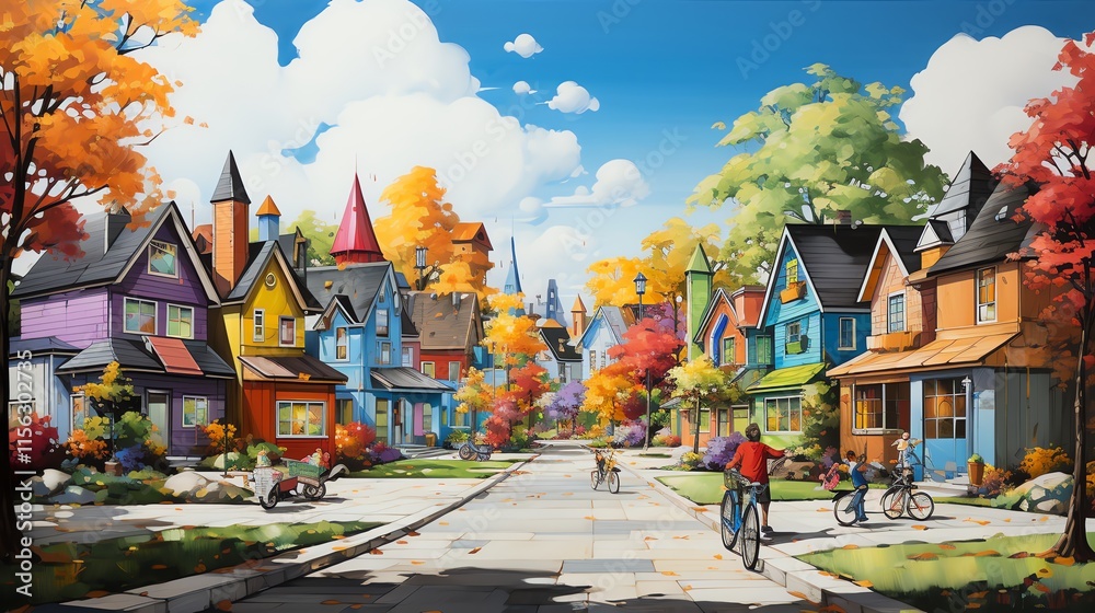 Fototapeta premium Colorful autumn street scene with houses and families biking.