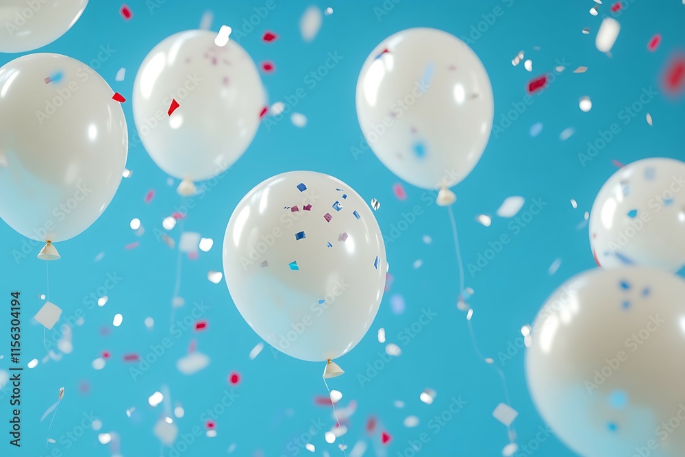 White and blue balloons with confetti flying on a blue background. White and blue balloons with confetti flying on a blue background.