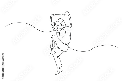 Man sleeping on pillow bed continuous one line drawing. Sleeping man in single line art illustration. Editable vector.
