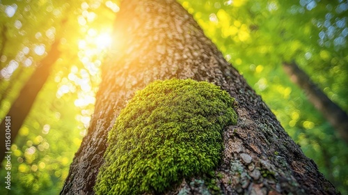 Moss forest concept. A close-up view of a tree trunk covered with lush green moss under sunlight. photo