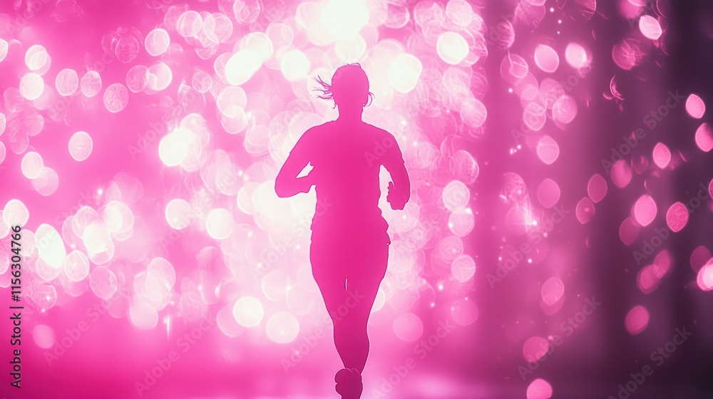 Silhouette of woman running in pink bokeh.