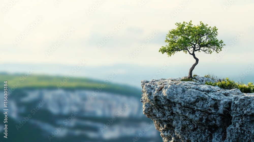 Lone tree on a clifftop overlooking a valley.