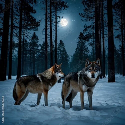 Two wolves are in the snowy pine forest at night. They are peaceful and their fur is thick. In a clearing both wolves stop and look at the moon, it is a starry night and fog slightly obscures the fore photo