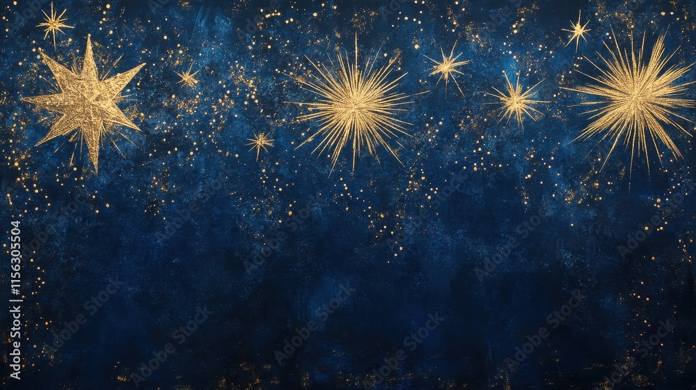 Celestial Night Sky with Golden Stars and Fireworks Burst - Festive Blue Background for Holiday Designs Celestial Night Sky with Golden Stars and Fireworks Burst - Festive Blue Background for Holiday Designs