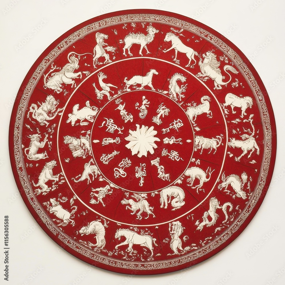 Fototapeta premium A red and white round object with a lot of animals on it