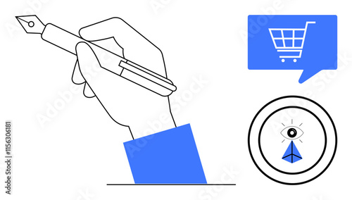 Hand holding a fountain pen, shopping cart icon in blue speech bubble, eye inside circle with blue triangle. Ideal for creativity, e-commerce, design, art, marketing, writing, technology. Line