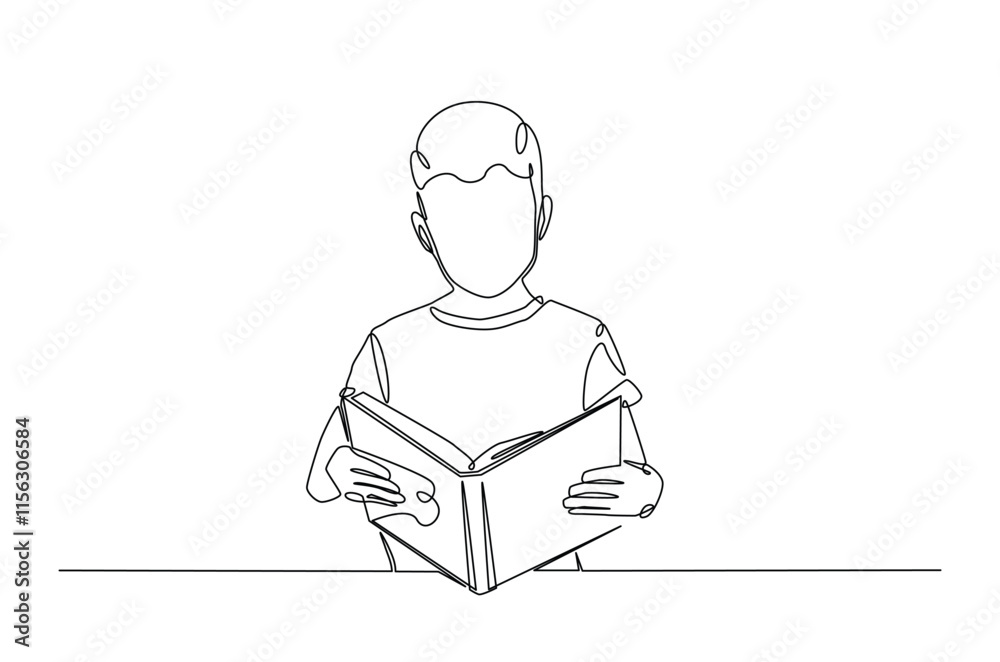 Boy reading a book continuous one line drawing. Person study by reading book in single line art illustration. Editable vector. Boy reading a book continuous one line drawing. Person study by reading book in single line art illustration. Editable vector.