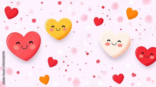Valentine's Day retro-inspired banner design concept. Colorful, cute hearts with smiles on a light pink background, creating a cheerful, playful atmosphere.