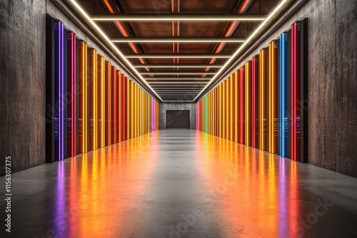 Brightly Lit Corridor with Colorful Neon Lights and Reflection