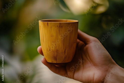 Close-up of a hand holding an eco-friendly, reusable coffee cup made from bamboo, with a soft background photo