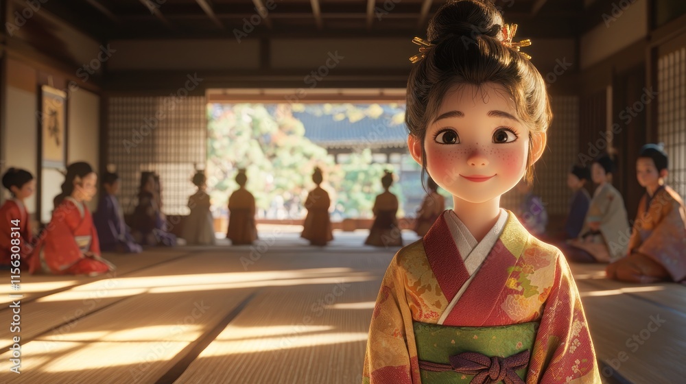 Young girl in kimono smiles in Japanese room. Young girl in kimono smiles in Japanese room.