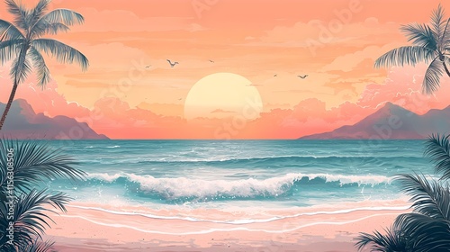 Tropical beach sunset with gentle waves and palm trees in a soft watercolor style painting