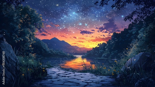 Fototapeta Naklejka Na Ścianę i Meble -  A serene twilight landscape depicts a tranquil lake reflecting a vibrant sunset under a starlit night sky nestled between lush forested mountains